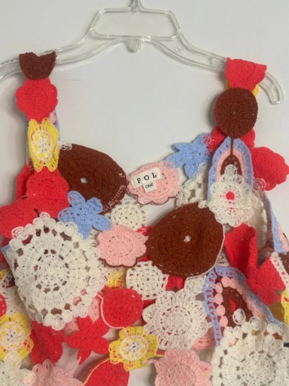 POL Ivory Pink Hand Made Crochet Motif Weaved Heart Neck Cropped Knit Top NEW - Picture 9 of 16